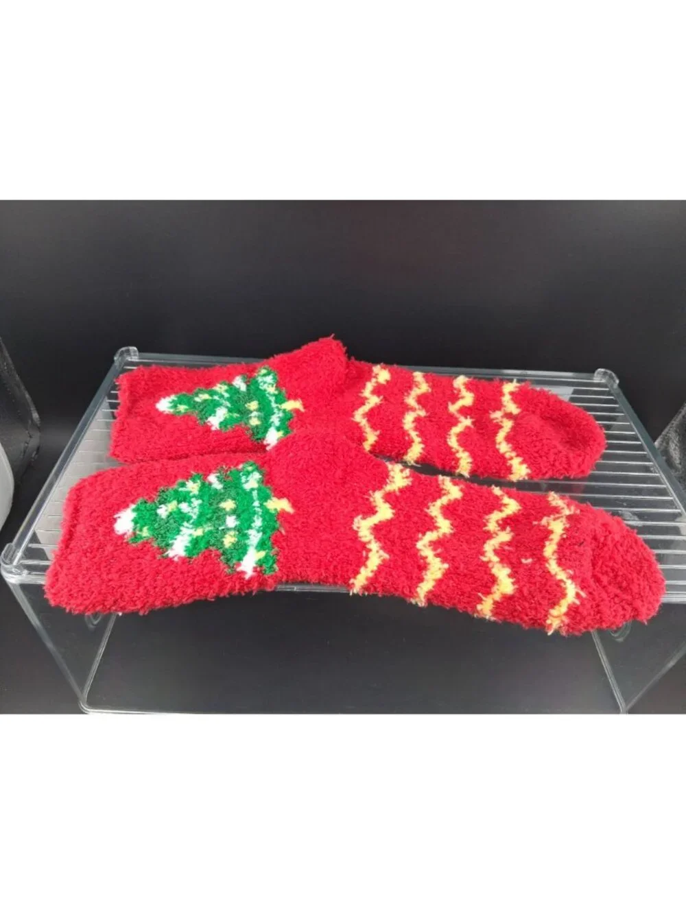 Red Holiday Fuzzy Socks With Christmas Tree Design